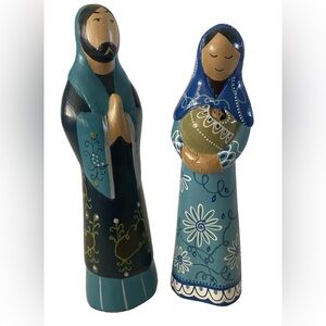 Indonesian Wood Hand Crafted Nativity  “Heavenly Blue” Glorious Floral Detail